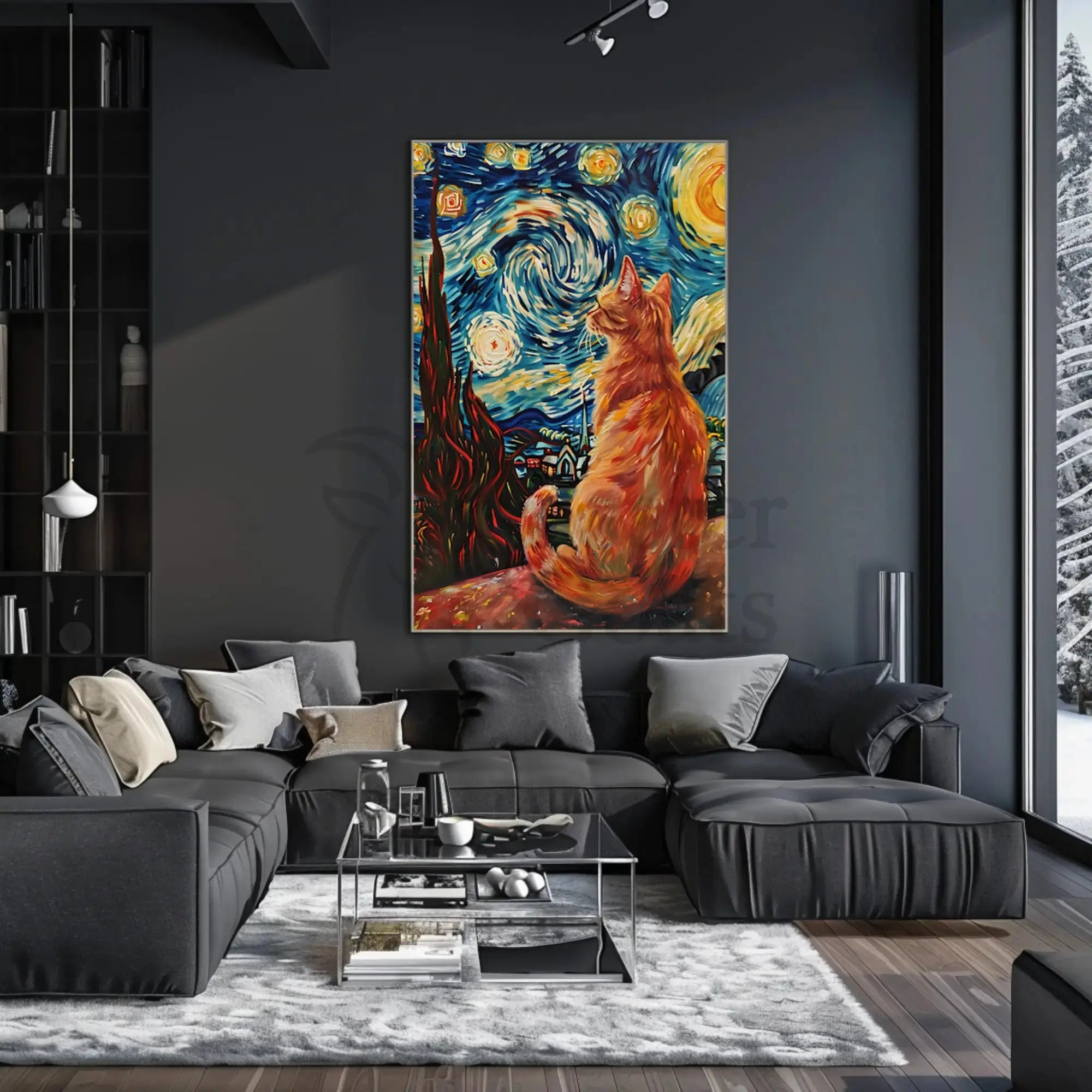 Starry Cat Nocturne Art Print Animal Poster PosterGoat