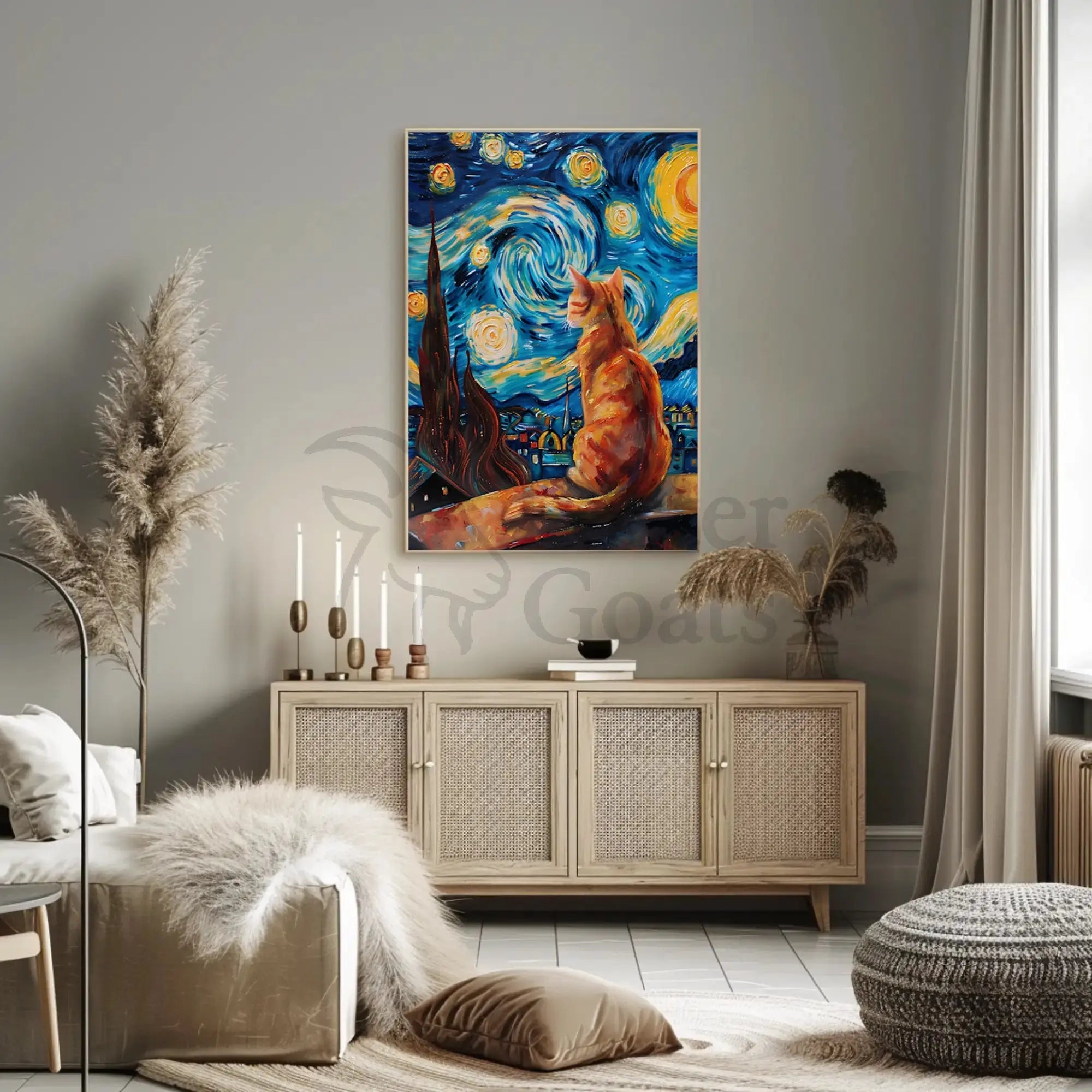 Starry Night Cat Artistic Pop Culture Poster PosterGoat