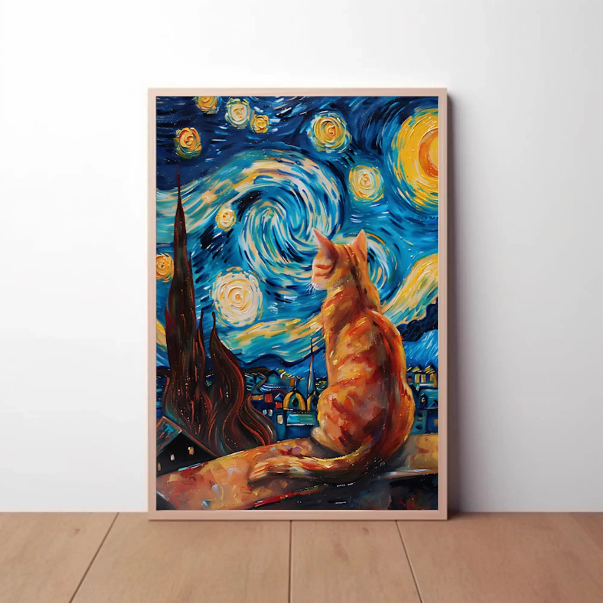 Starry Night Cat Artistic Pop Culture Poster PosterGoat