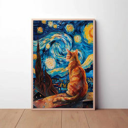 Starry Night Cat Artistic Pop Culture Poster PosterGoat
