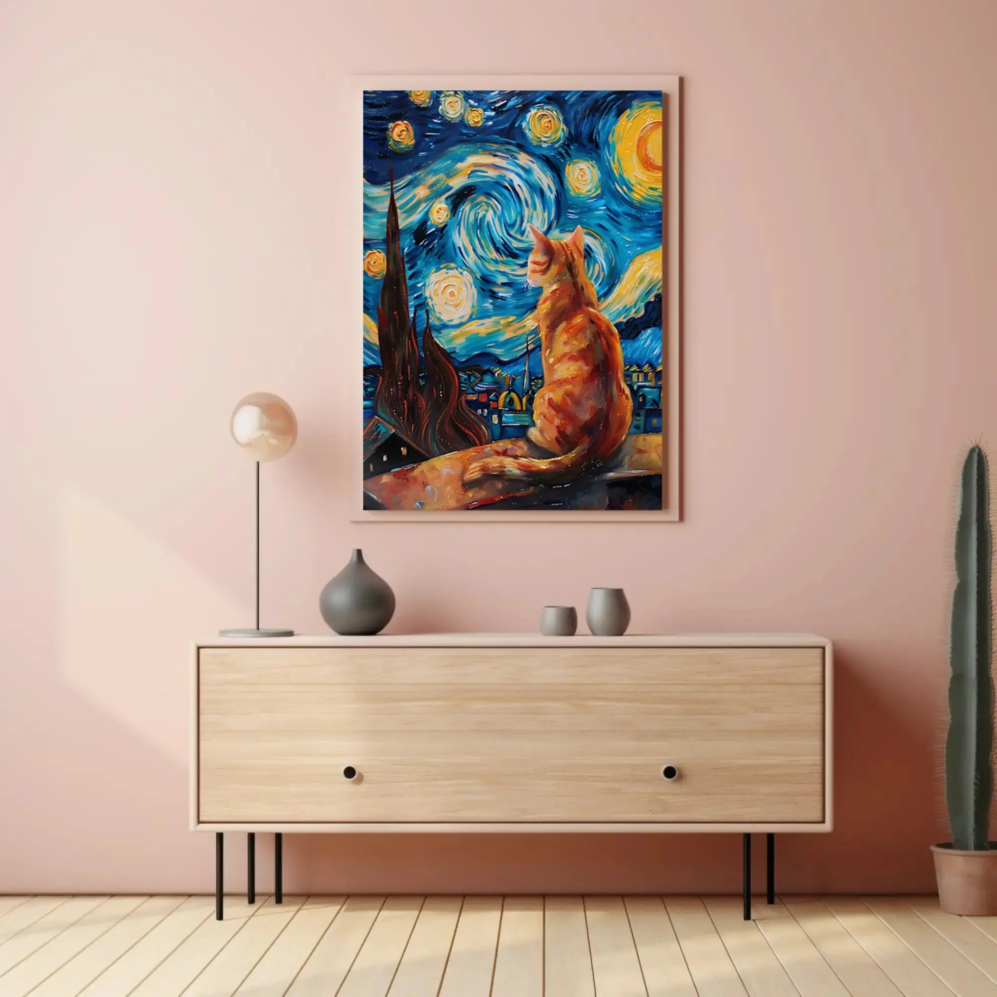 Starry Night Cat Artistic Pop Culture Poster PosterGoat