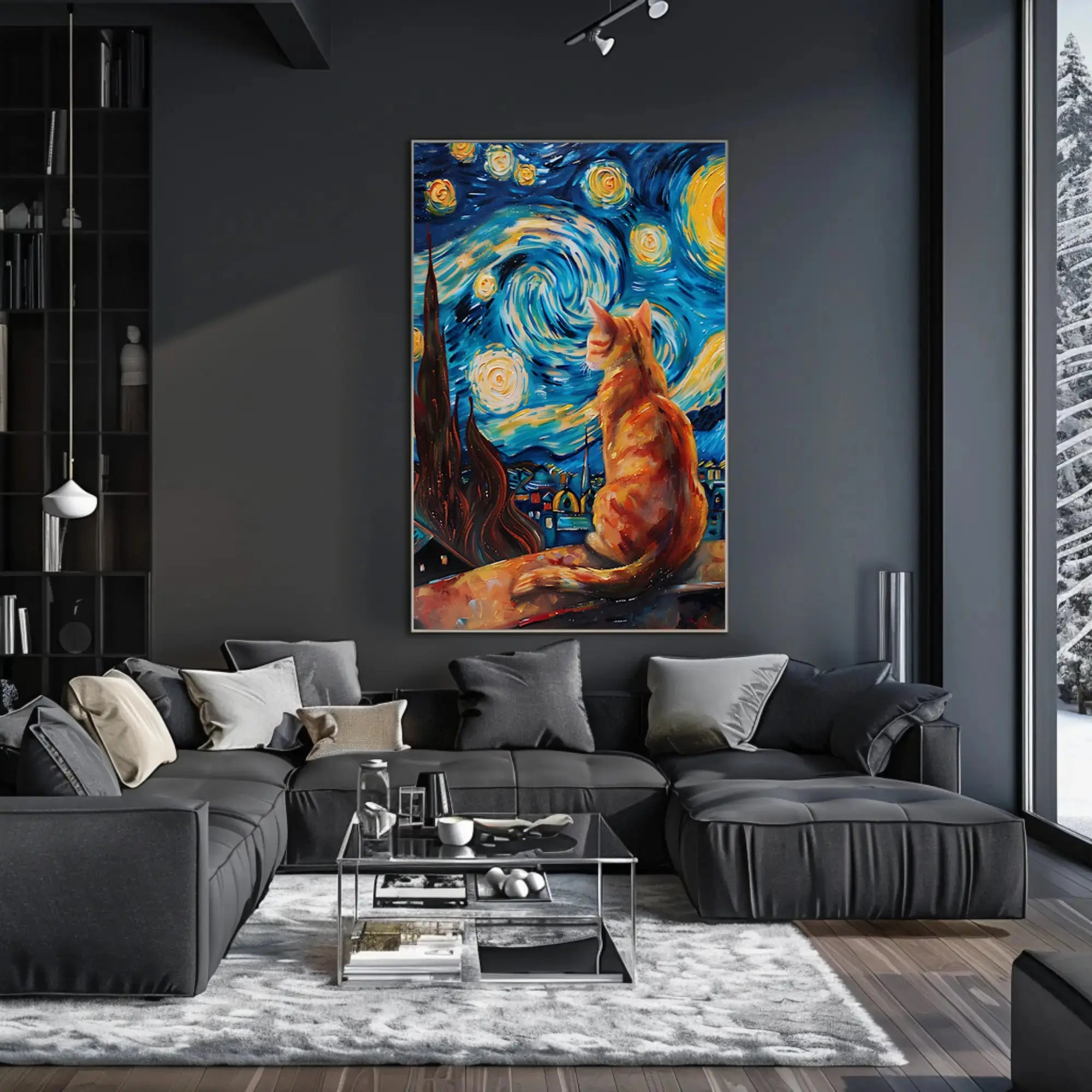 Starry Night Cat Artistic Pop Culture Poster PosterGoat