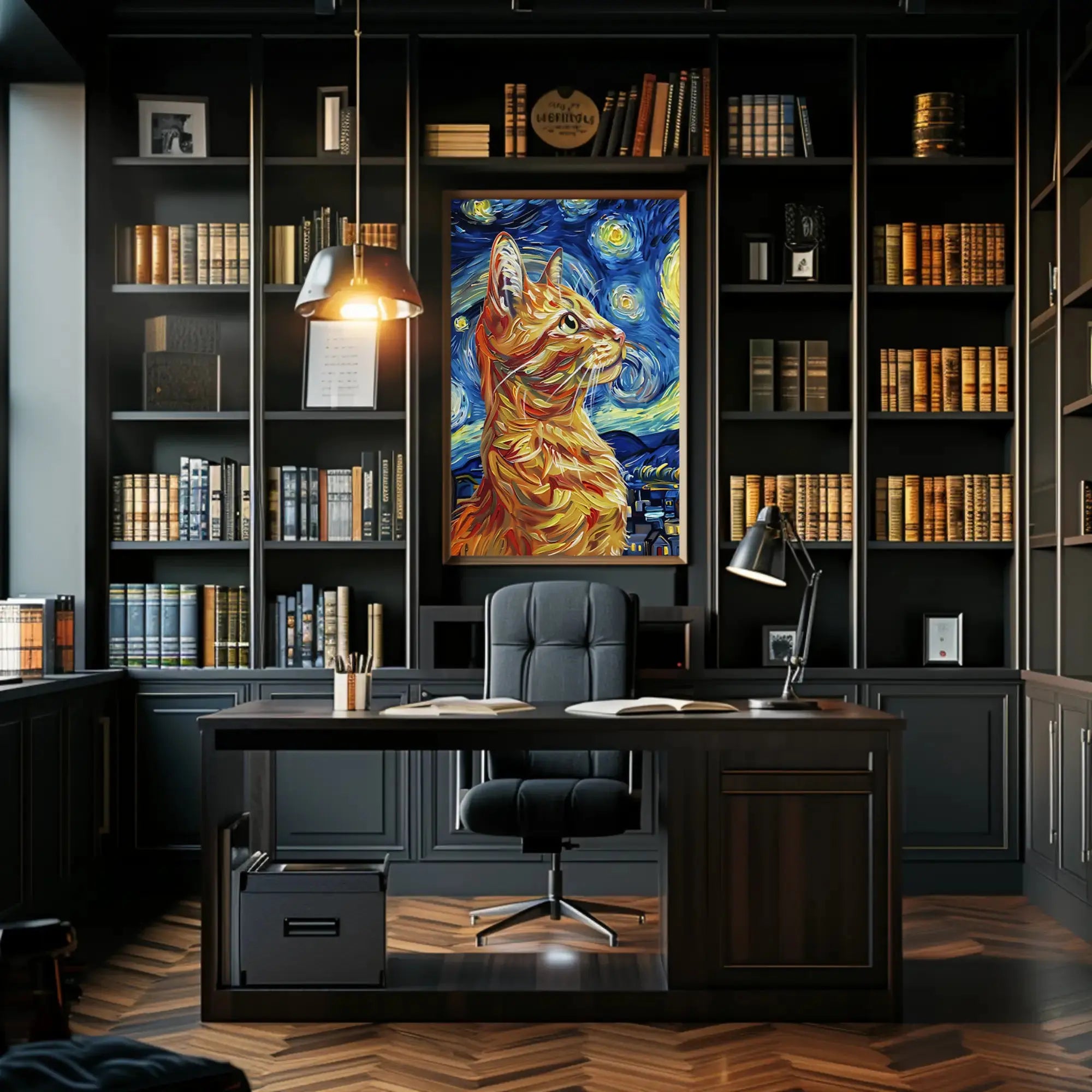 Starry Night-Inspired Ginger Cat Artistic Poster PosterGoat
