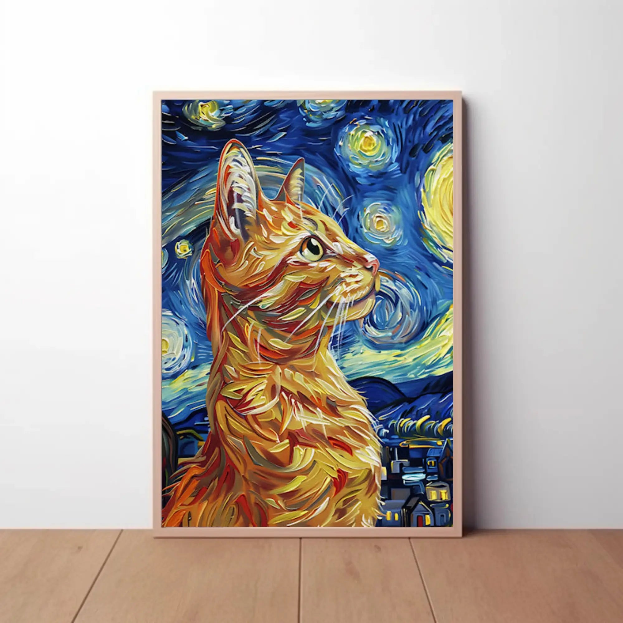 Starry Night-Inspired Ginger Cat Artistic Poster PosterGoat