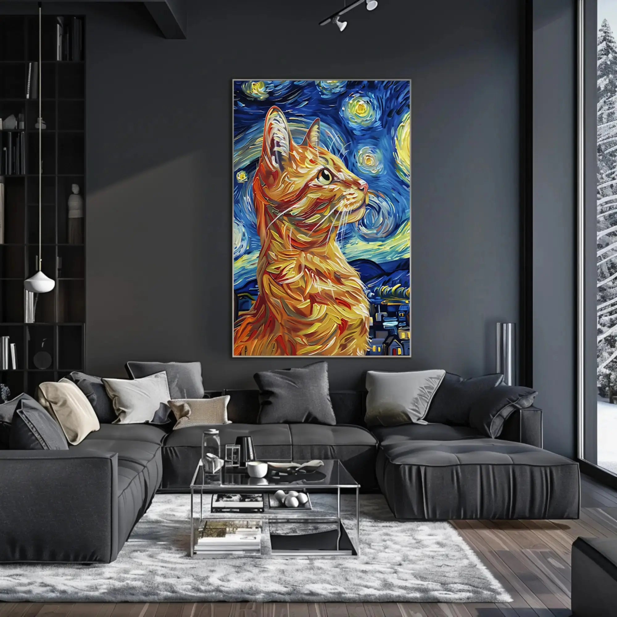 Starry Night-Inspired Ginger Cat Artistic Poster PosterGoat