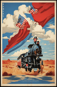 Steam Locomotive in Desert with Patriotic American Flags Travel Poster PosterGoat