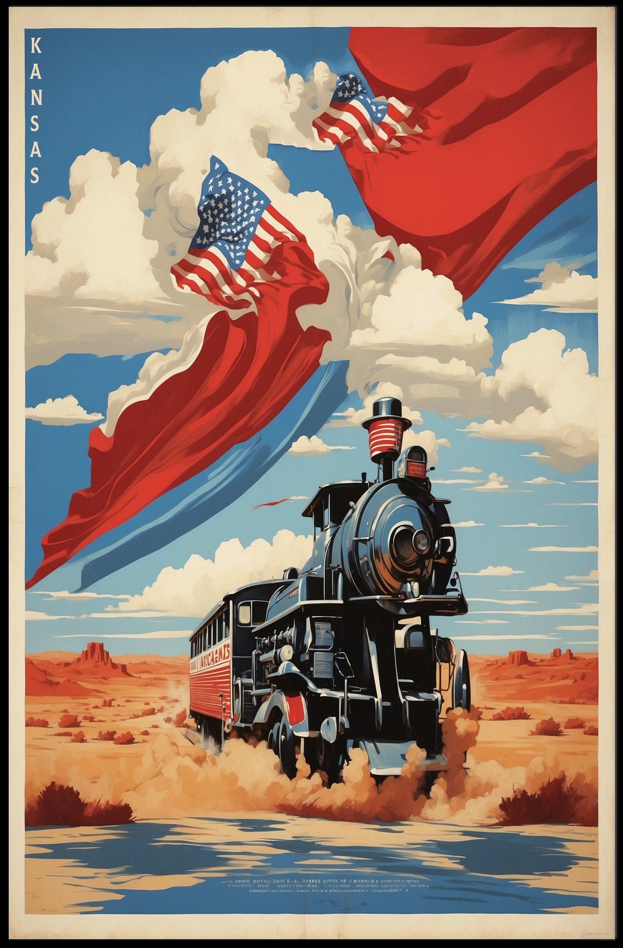 Steam Locomotive in Desert with Patriotic American Flags Travel Poster PosterGoat
