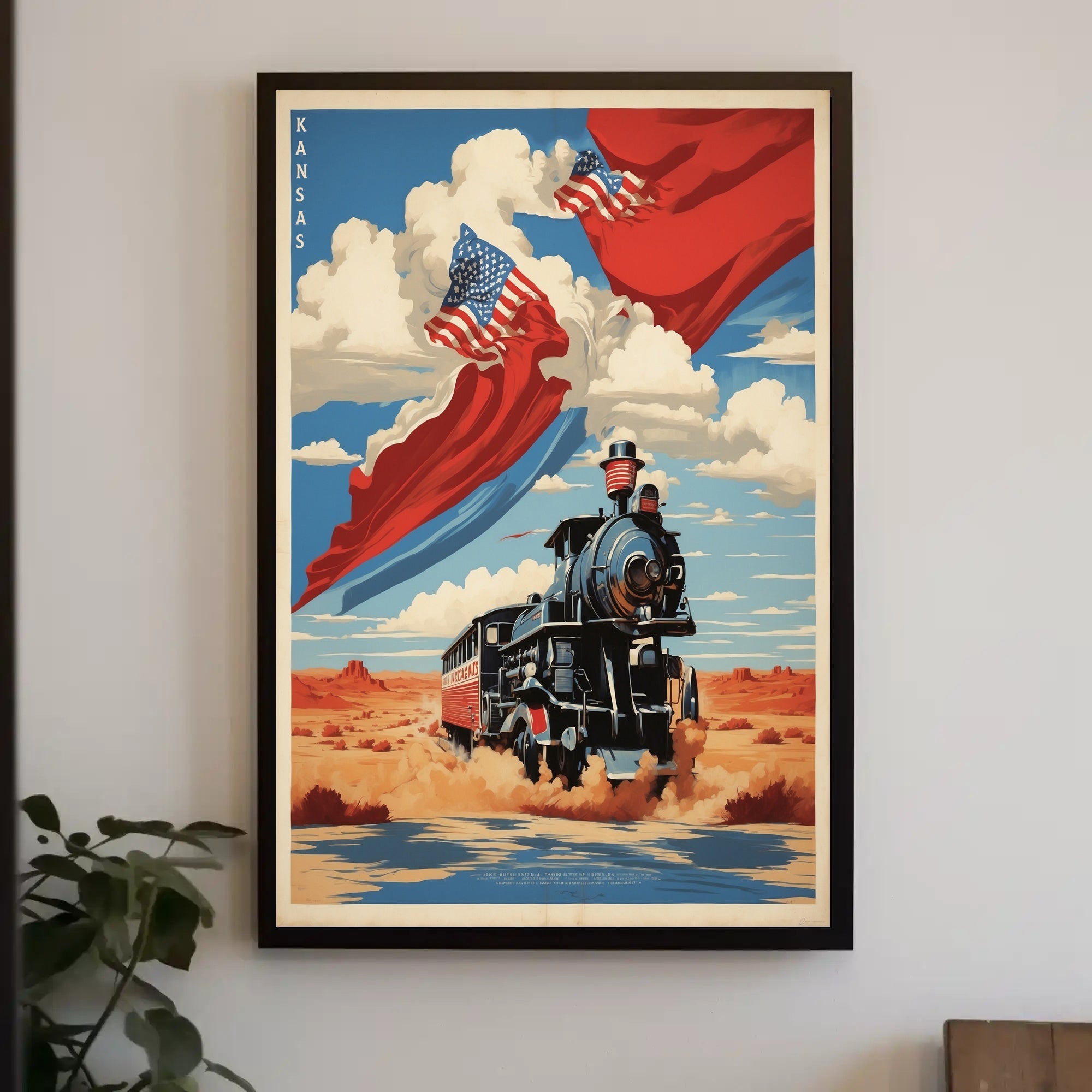 Steam Locomotive in Desert with Patriotic American Flags Travel Poster PosterGoat