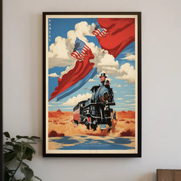 Steam Locomotive in Desert with Patriotic American Flags Travel Poster PosterGoat