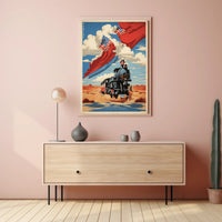 Steam Locomotive in Desert with Patriotic American Flags Travel Poster PosterGoat