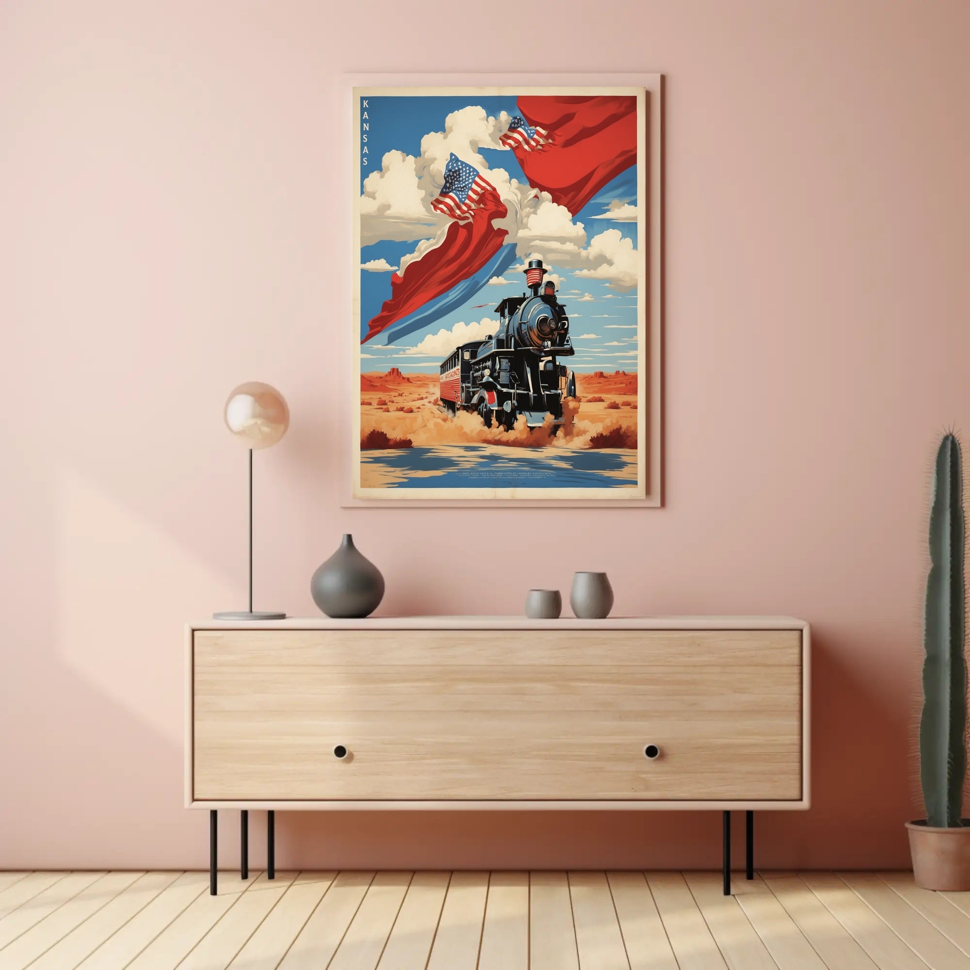Steam Locomotive in Desert with Patriotic American Flags Travel Poster PosterGoat