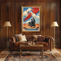 Steam Locomotive in Desert with Patriotic American Flags Travel Poster PosterGoat