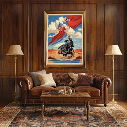 Steam Locomotive in Desert with Patriotic American Flags Travel Poster PosterGoat