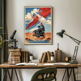 Steam Locomotive in Desert with Patriotic American Flags Travel Poster PosterGoat