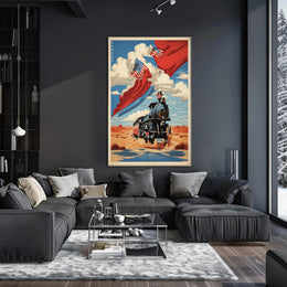 Steam Locomotive in Desert with Patriotic American Flags Travel Poster PosterGoat