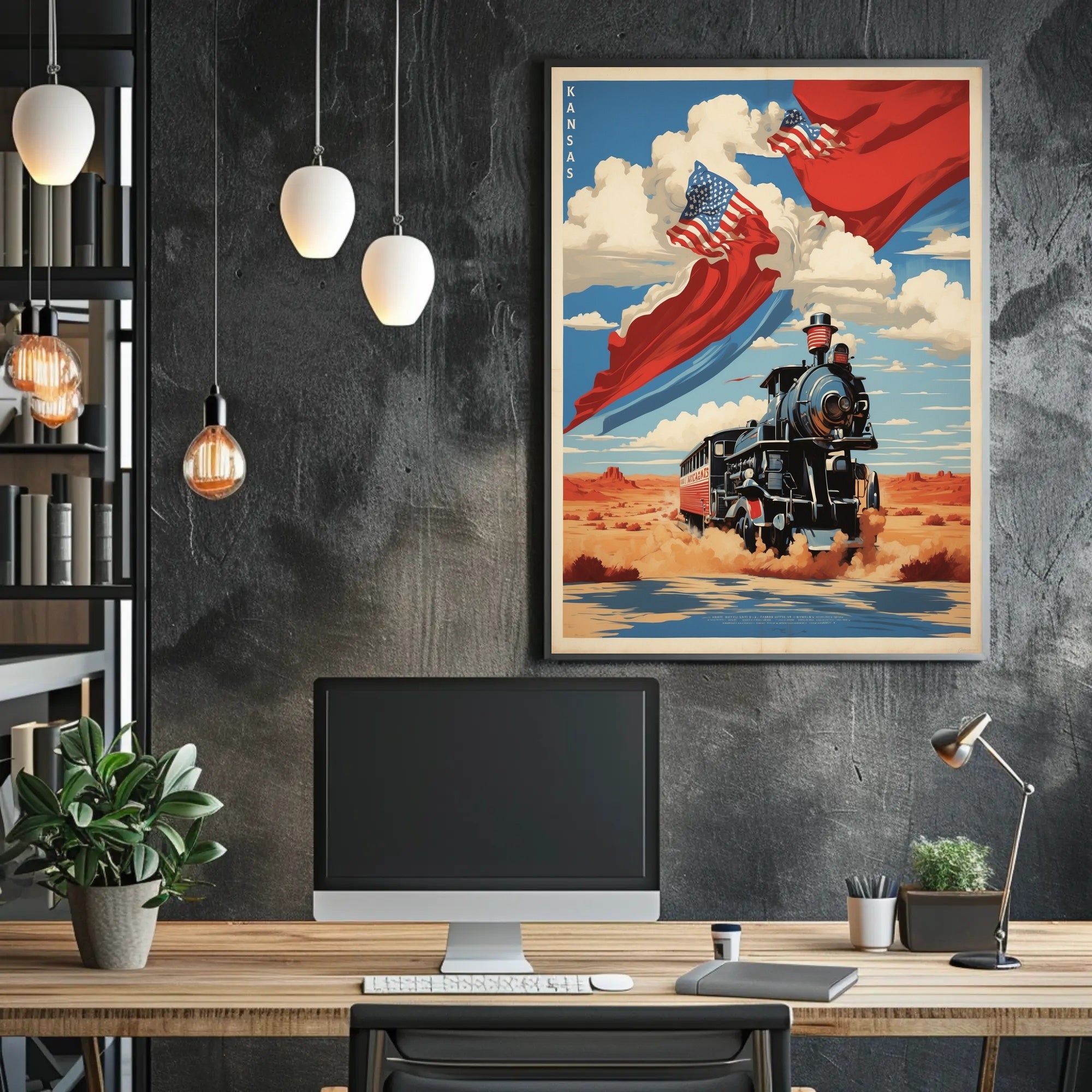Steam Locomotive in Desert with Patriotic American Flags Travel Poster PosterGoat