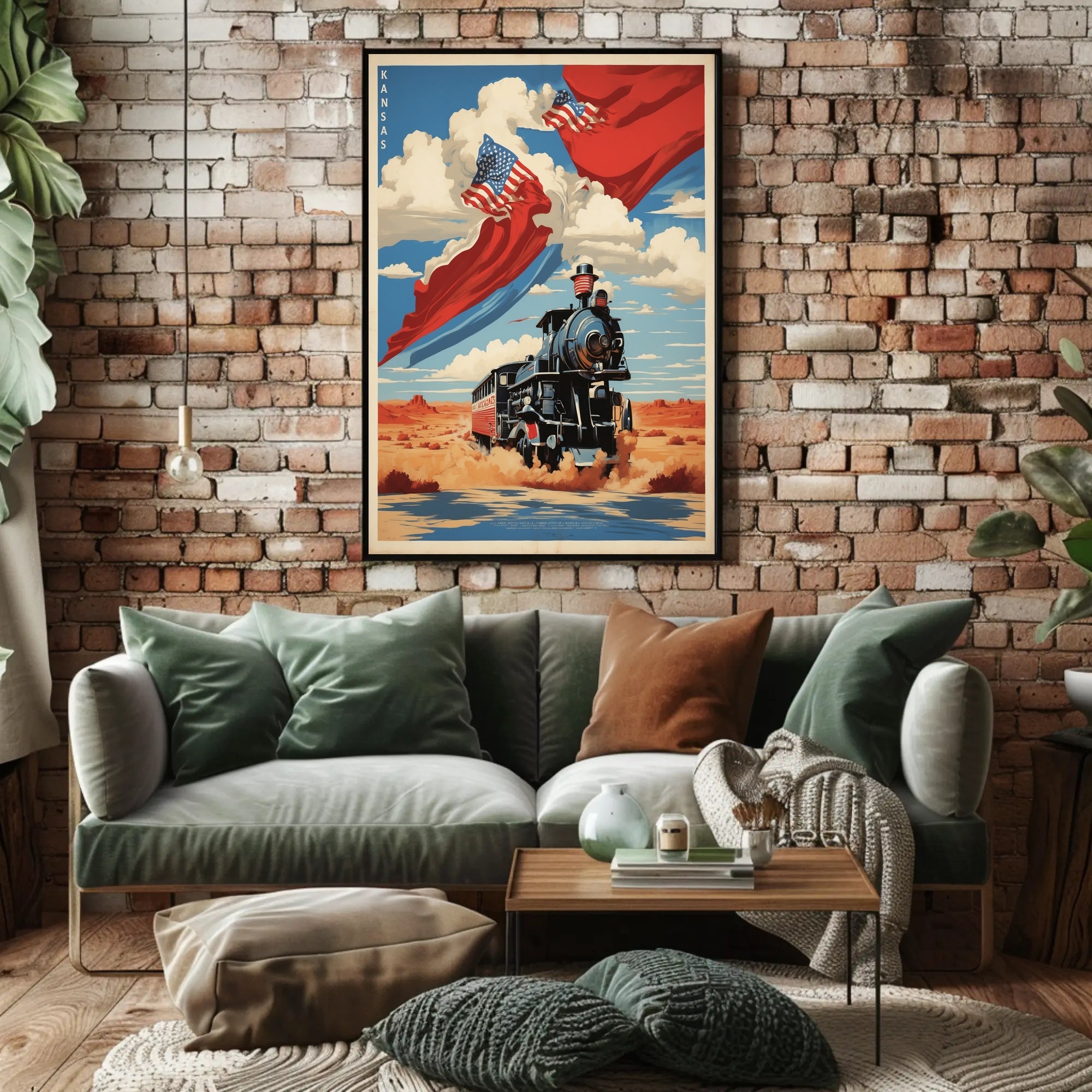 Steam Locomotive in Desert with Patriotic American Flags Travel Poster PosterGoat