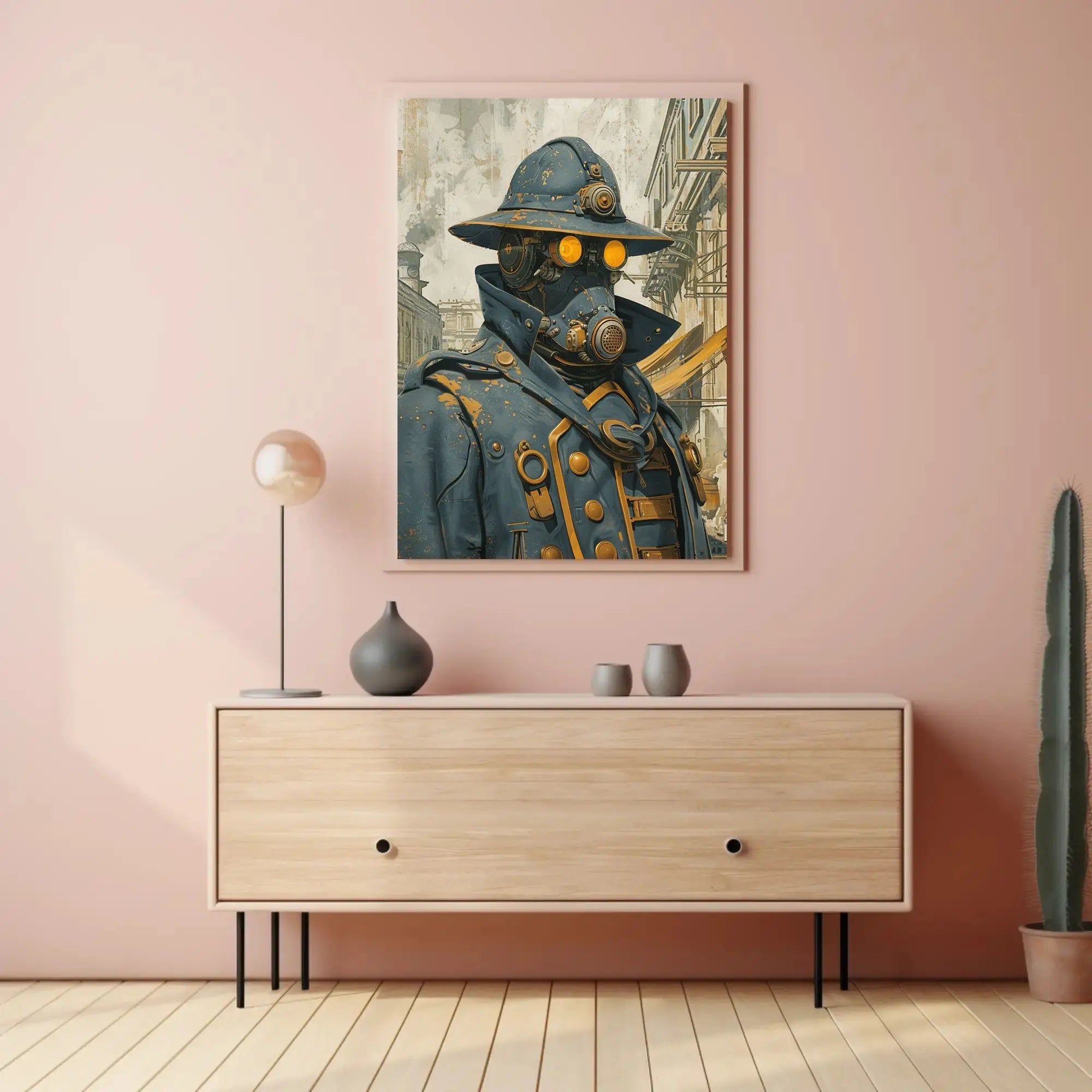Steampunk Figure in Urban Setting Futuristic Sci-Fi Poster PosterGoat