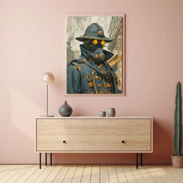 Steampunk Figure in Urban Setting Futuristic Sci-Fi Poster PosterGoat