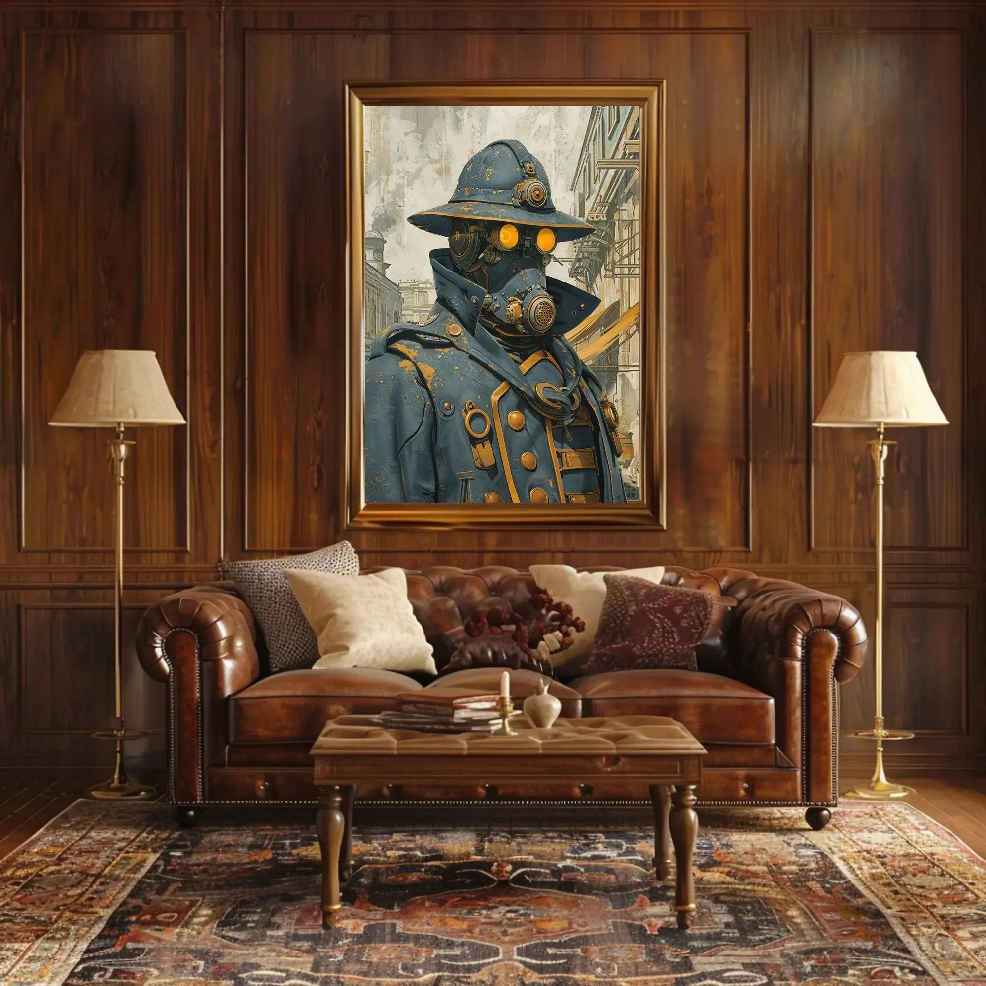 Steampunk Figure in Urban Setting Futuristic Sci-Fi Poster PosterGoat