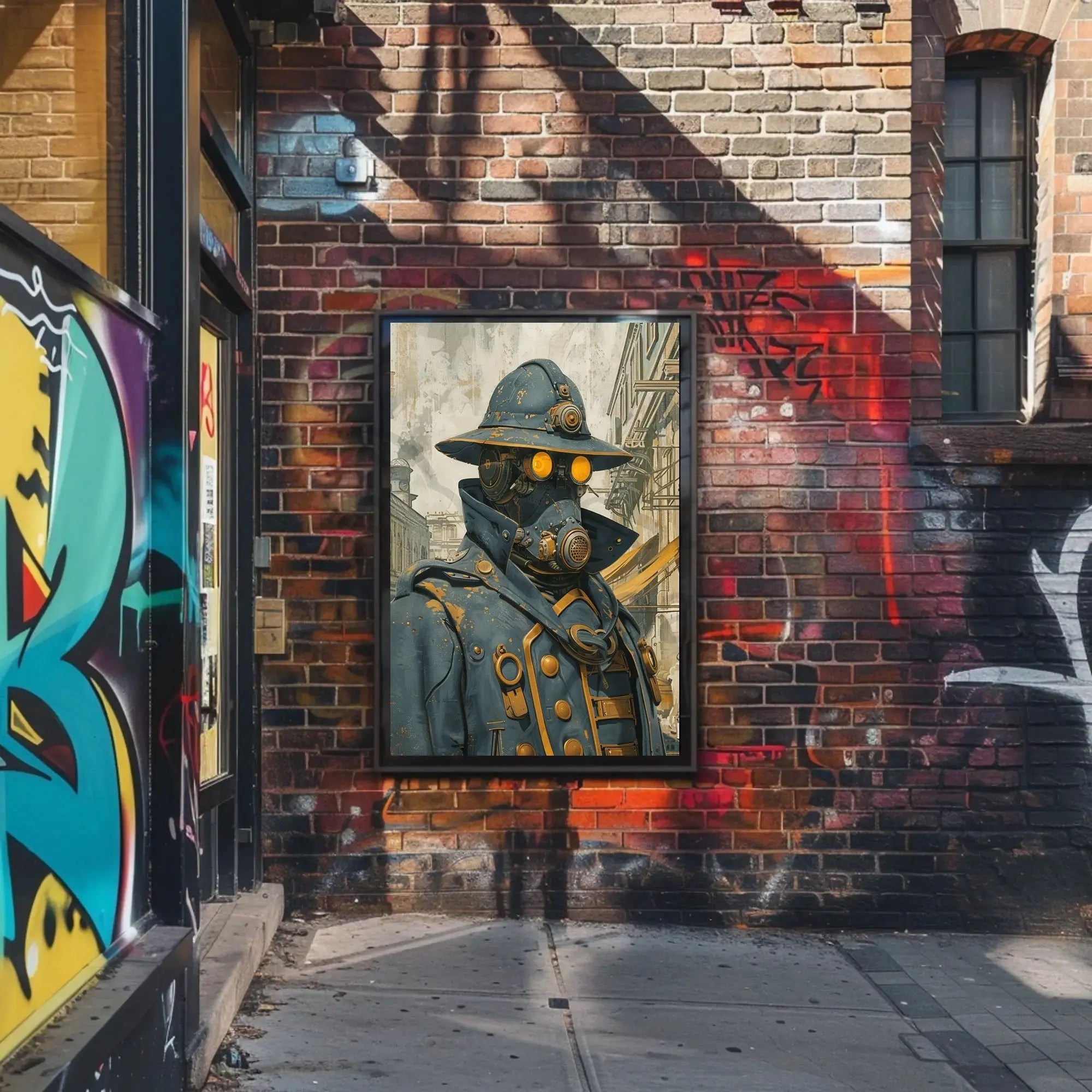 Steampunk Figure in Urban Setting Futuristic Sci-Fi Poster PosterGoat