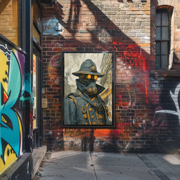 Steampunk Figure in Urban Setting Futuristic Sci-Fi Poster PosterGoat