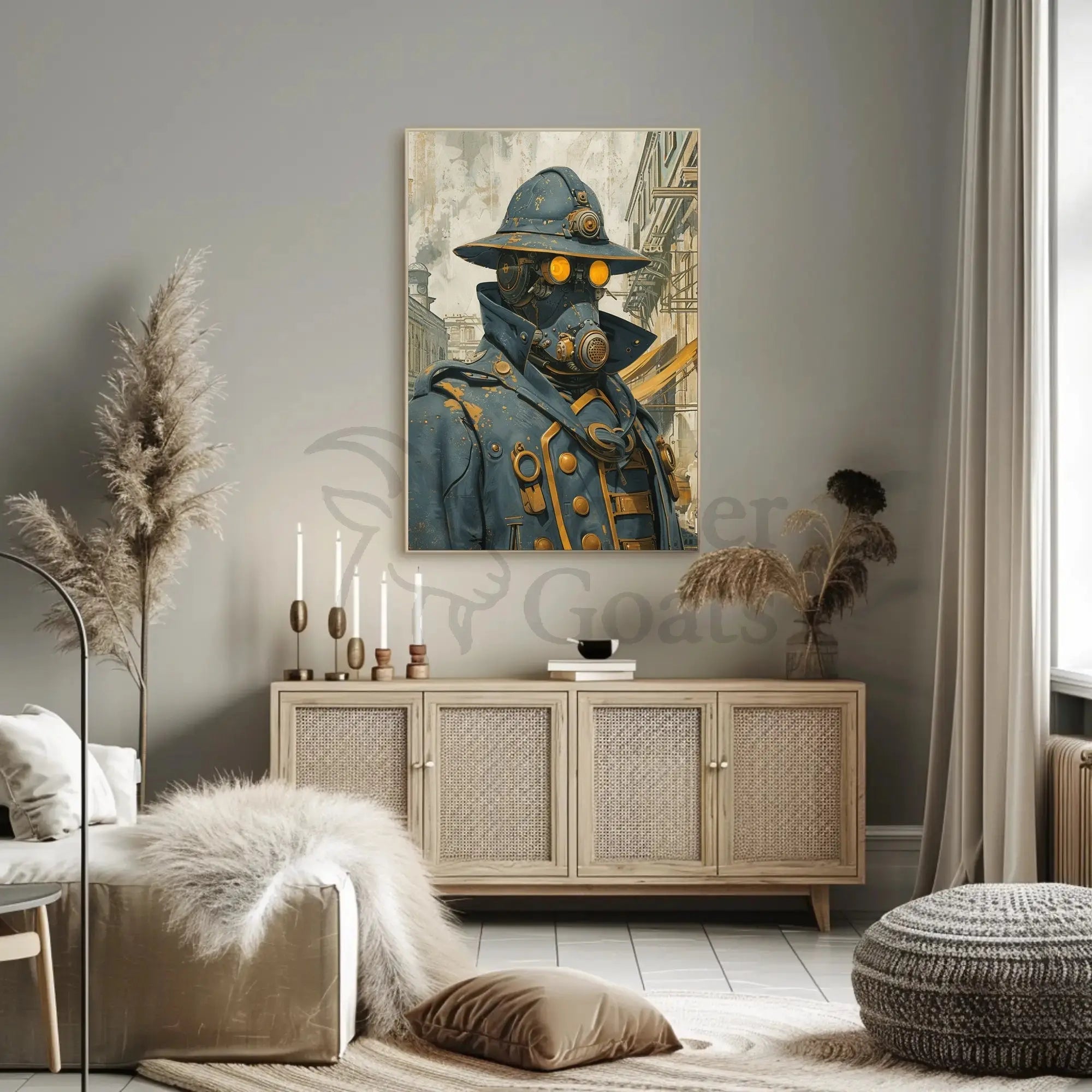 Steampunk Figure in Urban Setting Futuristic Sci-Fi Poster PosterGoat