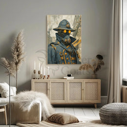 Steampunk Figure in Urban Setting Futuristic Sci-Fi Poster PosterGoat