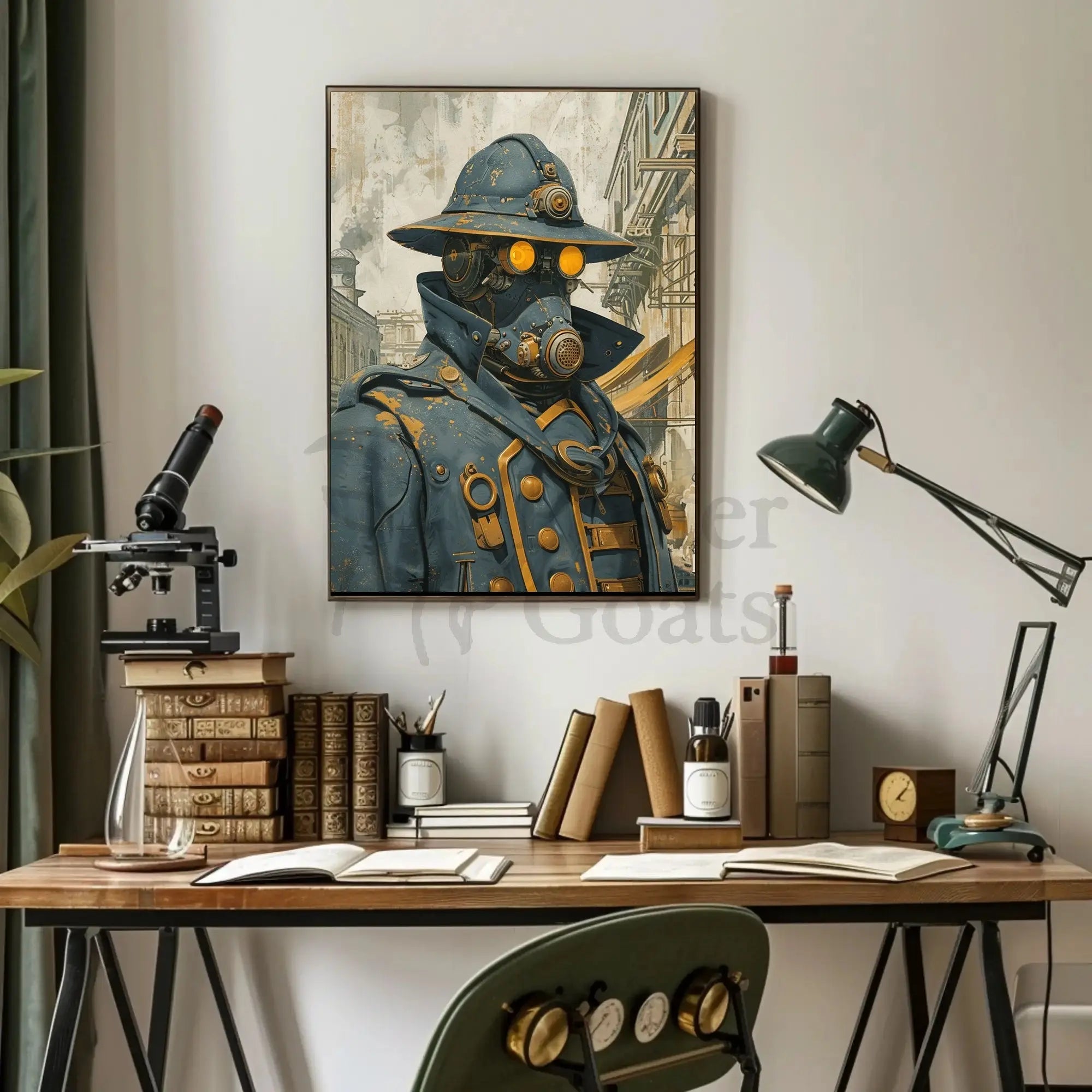 Steampunk Figure in Urban Setting Futuristic Sci-Fi Poster PosterGoat