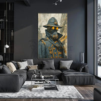 Steampunk Figure in Urban Setting Futuristic Sci-Fi Poster PosterGoat