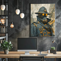 Steampunk Figure in Urban Setting Futuristic Sci-Fi Poster PosterGoat