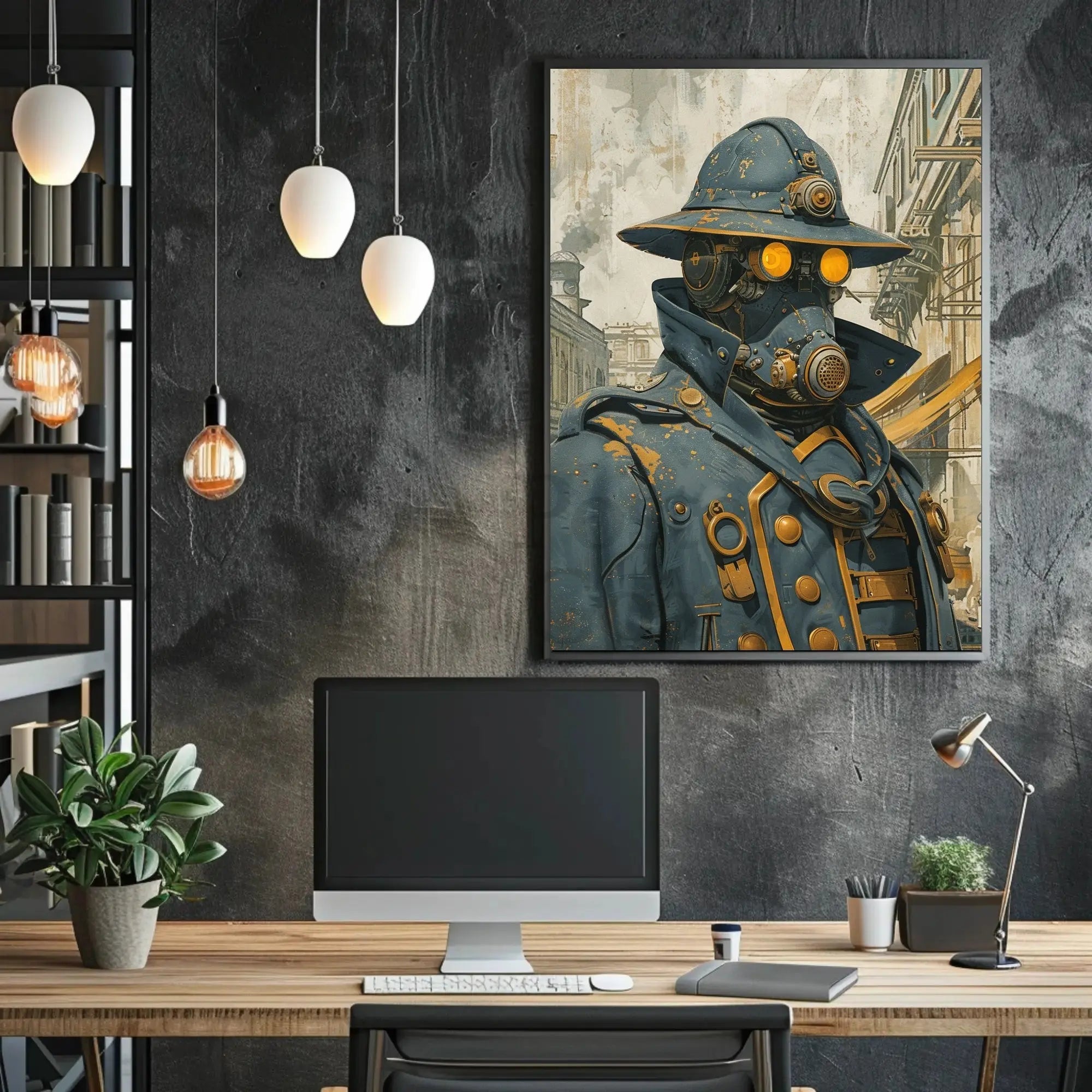 Steampunk Figure in Urban Setting Futuristic Sci-Fi Poster PosterGoat
