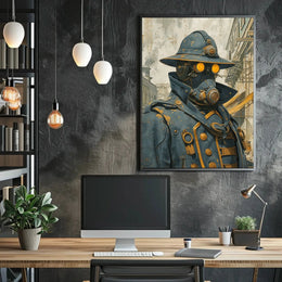 Steampunk Figure in Urban Setting Futuristic Sci-Fi Poster PosterGoat