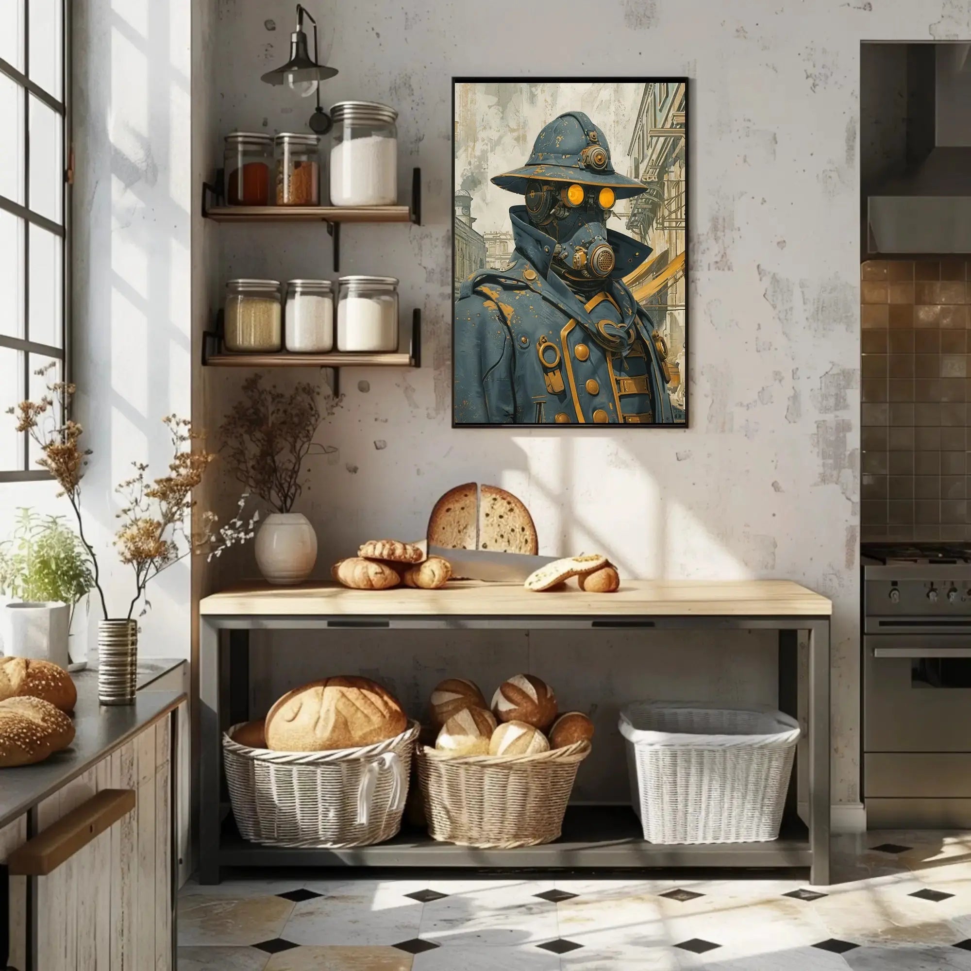 Steampunk Figure in Urban Setting Futuristic Sci-Fi Poster PosterGoat