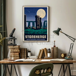 Stonehenge Under Moonlight Vintage Travel Poster PosterGoat