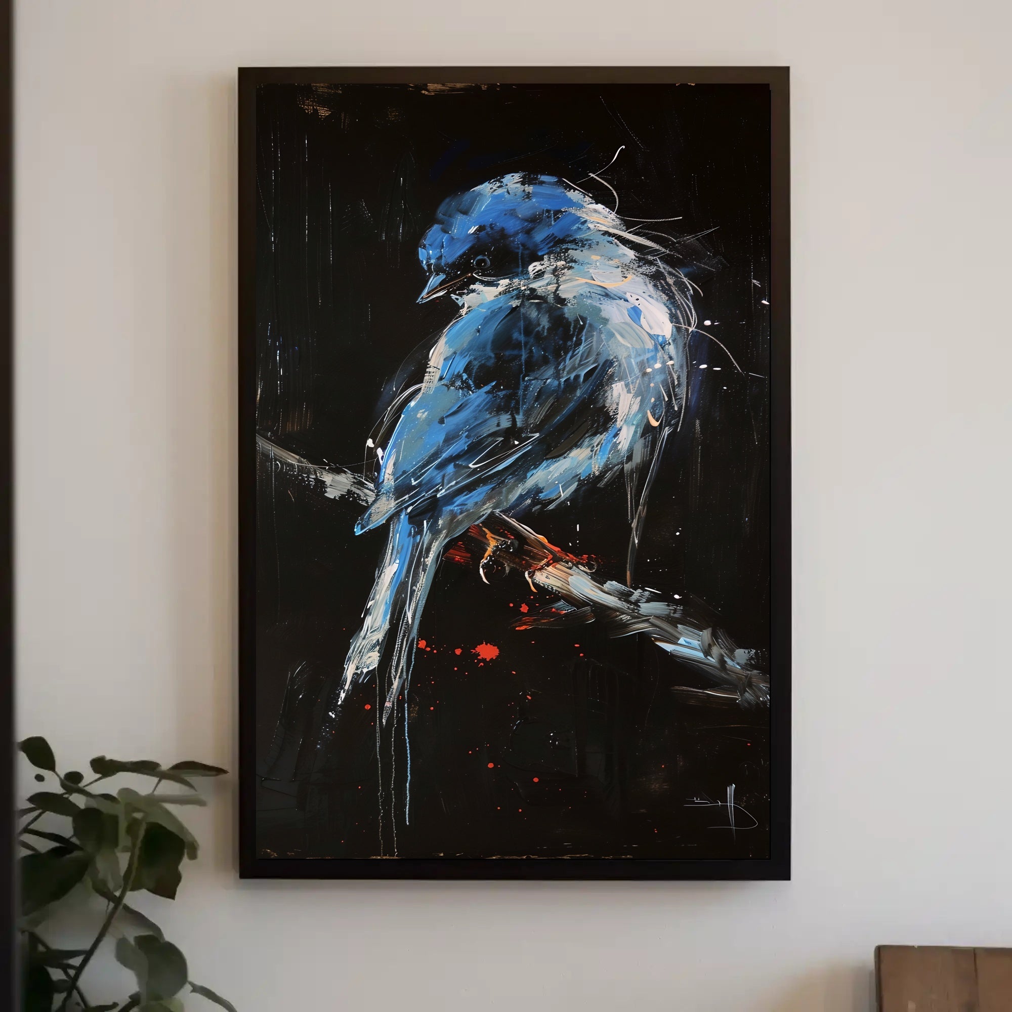 Striking Blue Jay on Branch Abstract or Artistic Poster PosterGoat