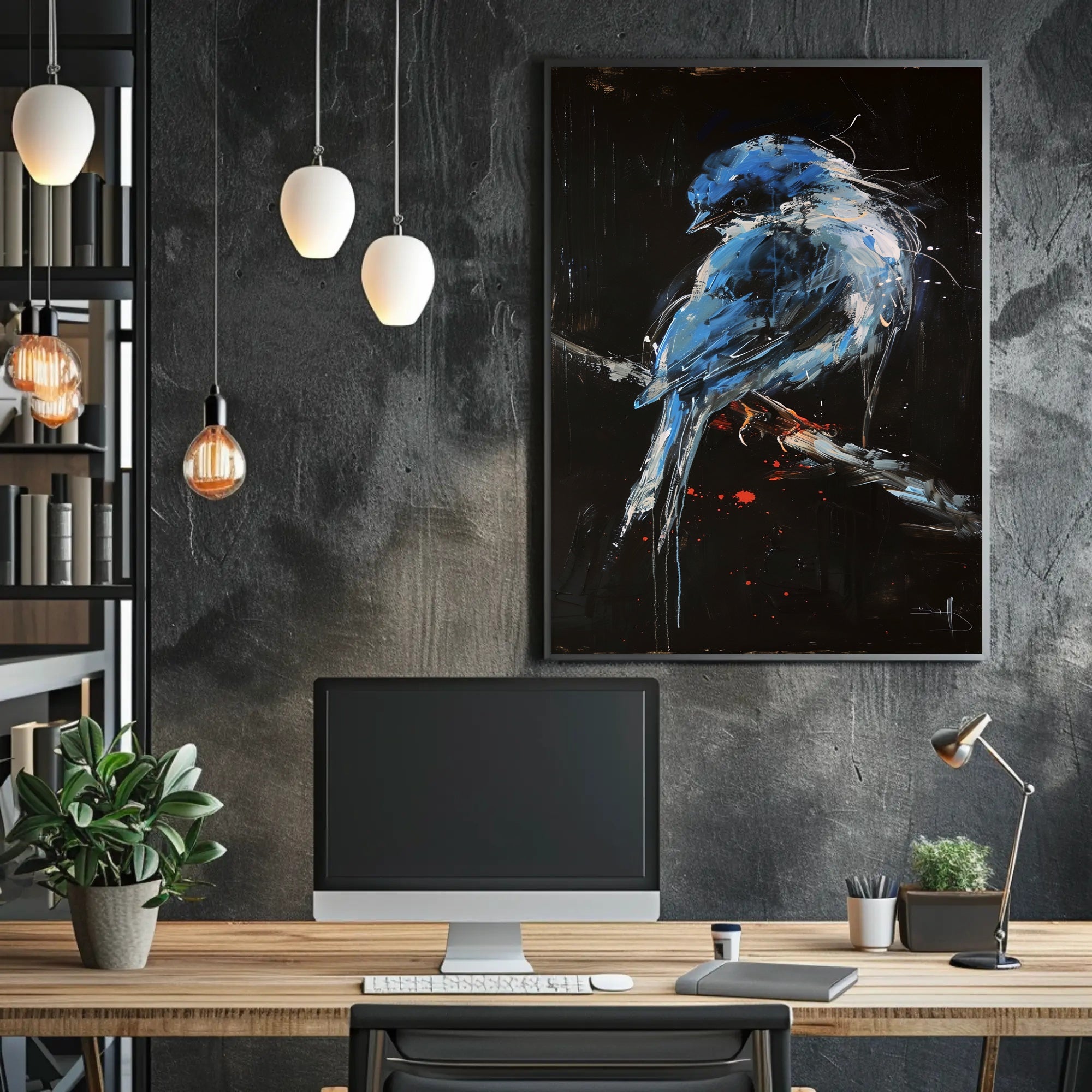 Striking Blue Jay on Branch Abstract or Artistic Poster PosterGoat