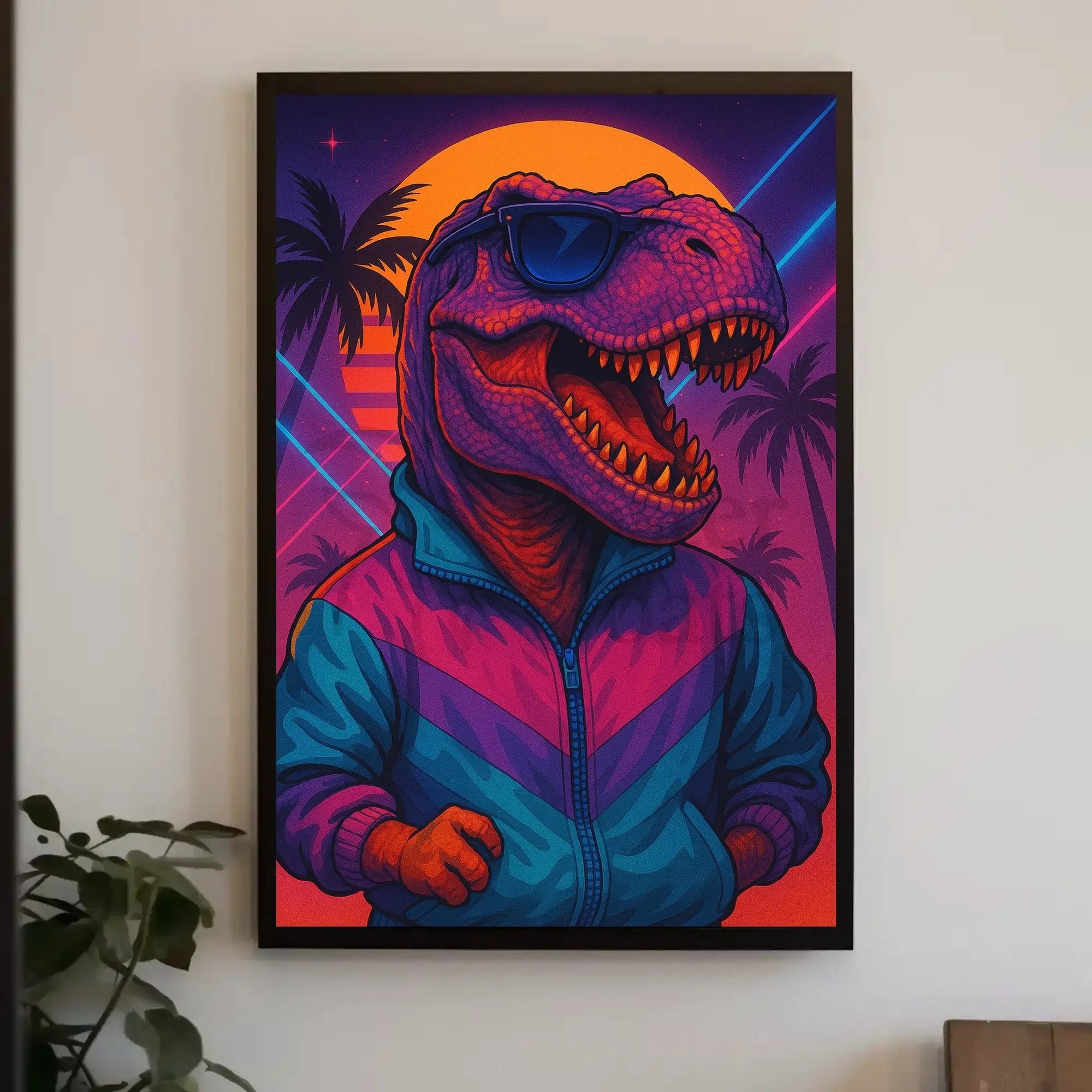 Stylish Dinosaur Synthwave Vibe Retro Pop Culture Poster PosterGoat
