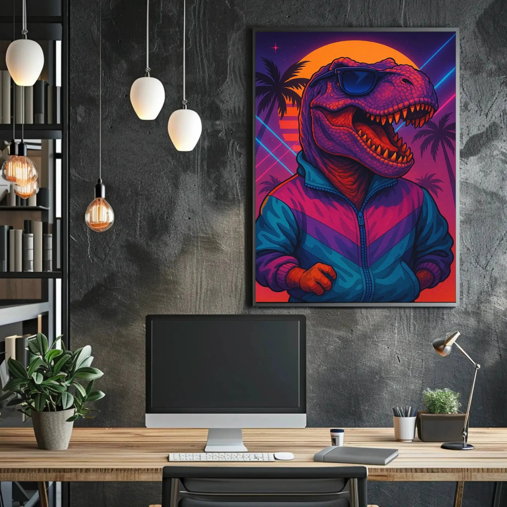 Stylish Dinosaur Synthwave Vibe Retro Pop Culture Poster PosterGoat