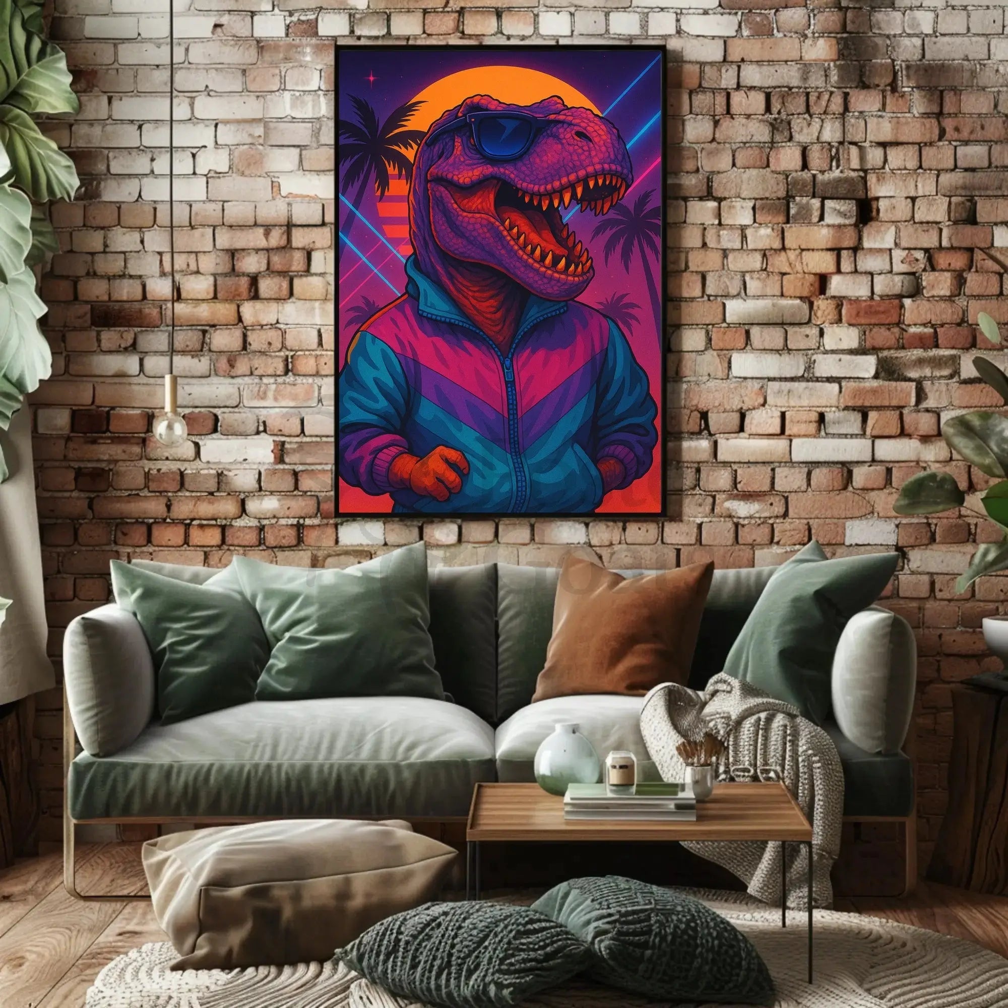 Stylish Dinosaur Synthwave Vibe Retro Pop Culture Poster PosterGoat