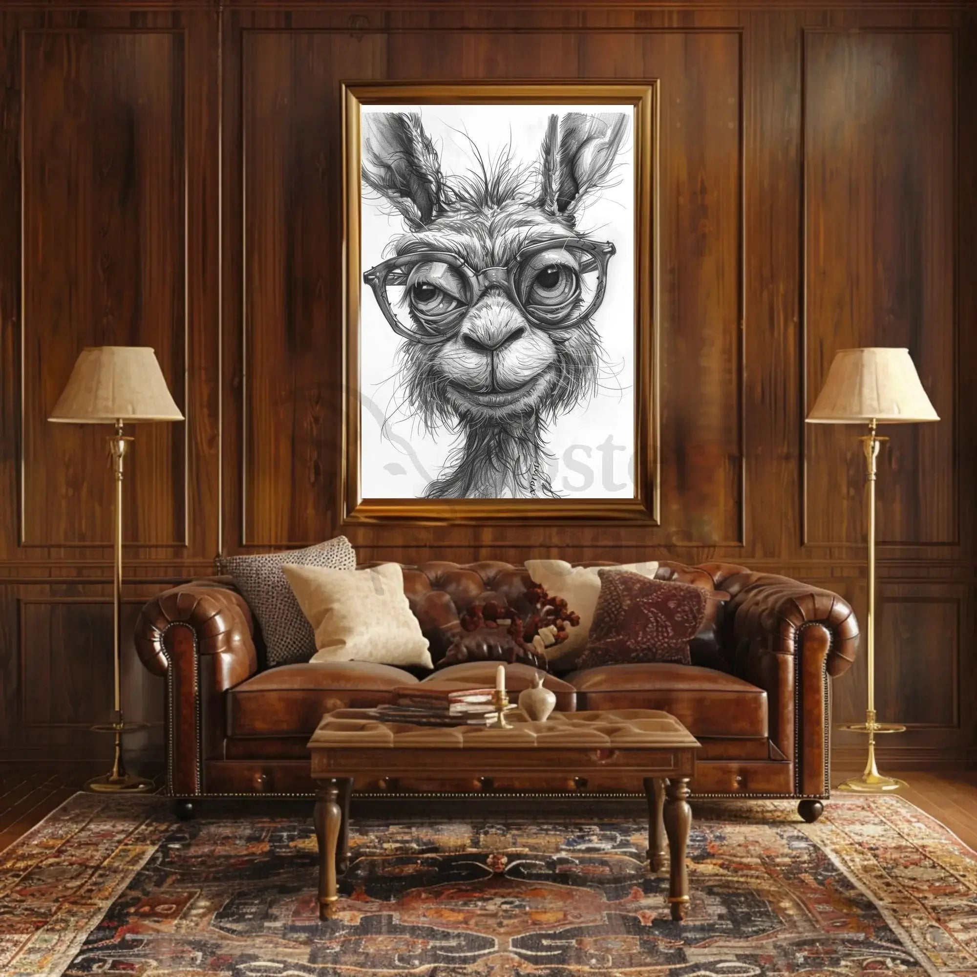 Stylish Llama with Glasses Monochrome Animal Poster PosterGoat