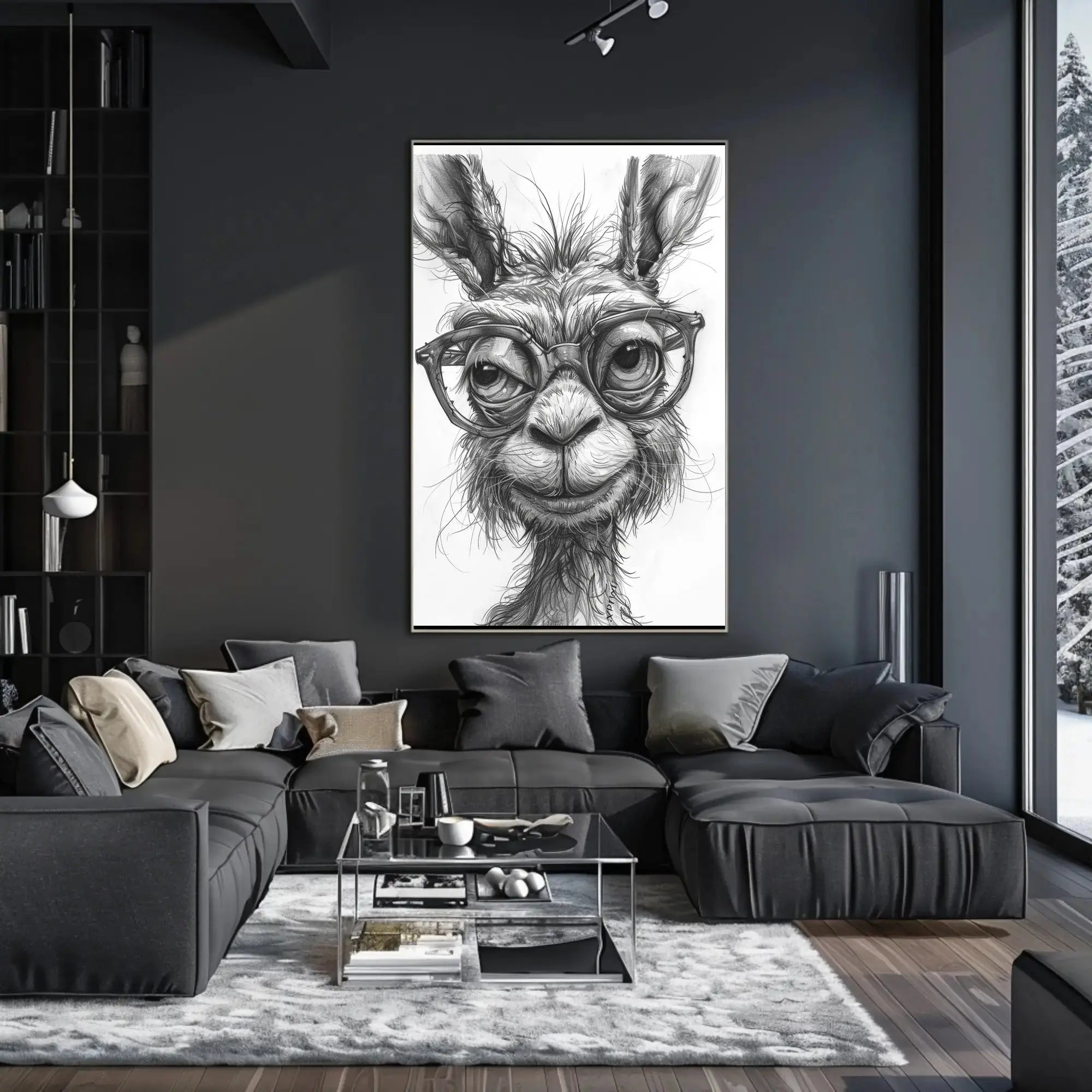 Stylish Llama with Glasses Monochrome Animal Poster PosterGoat