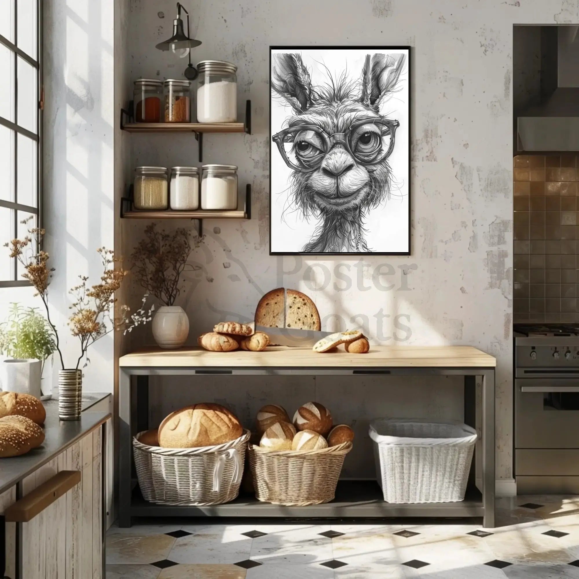 Stylish Llama with Glasses Monochrome Animal Poster PosterGoat