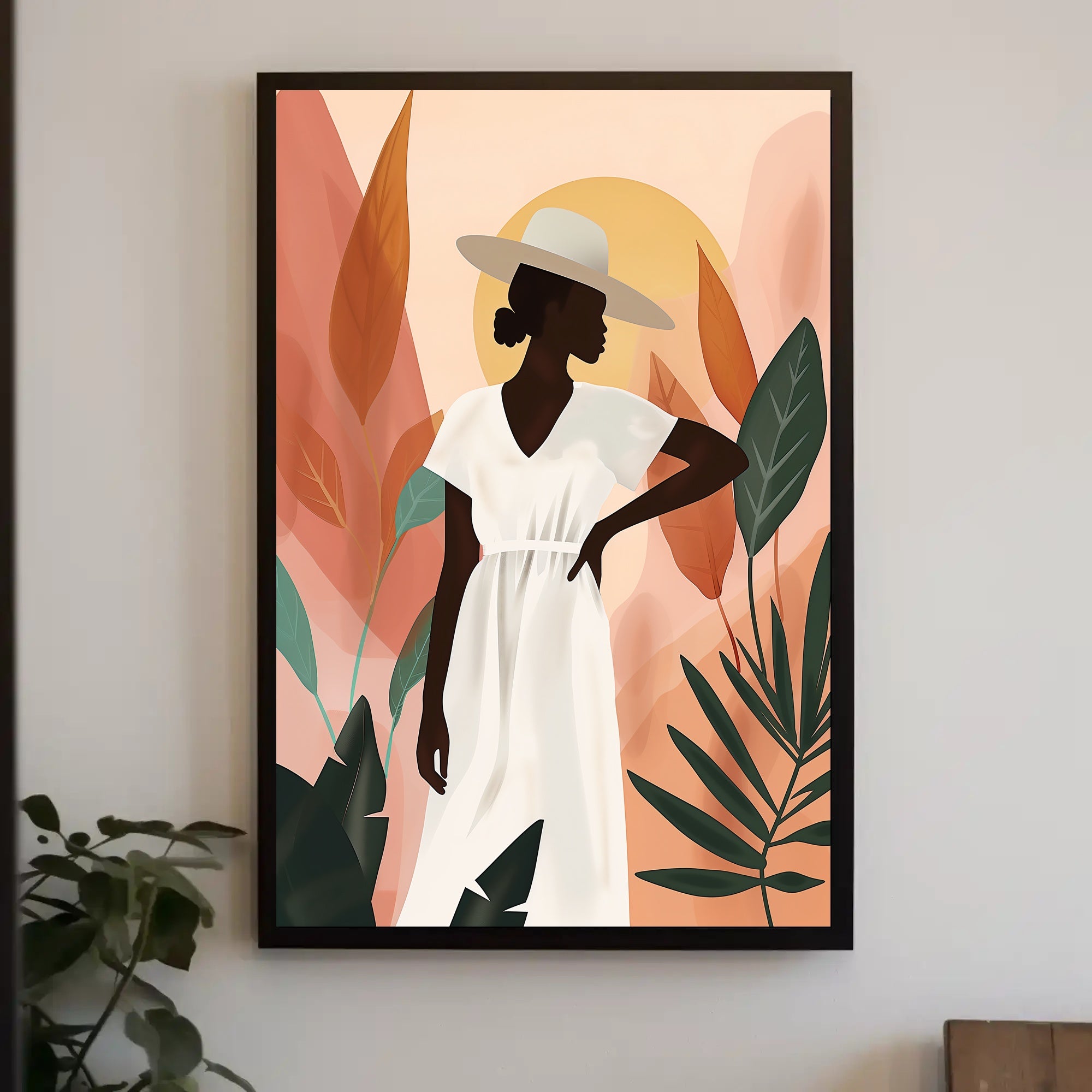 Stylish Woman in Hat with Nature Vibe Artistic Poster PosterGoat