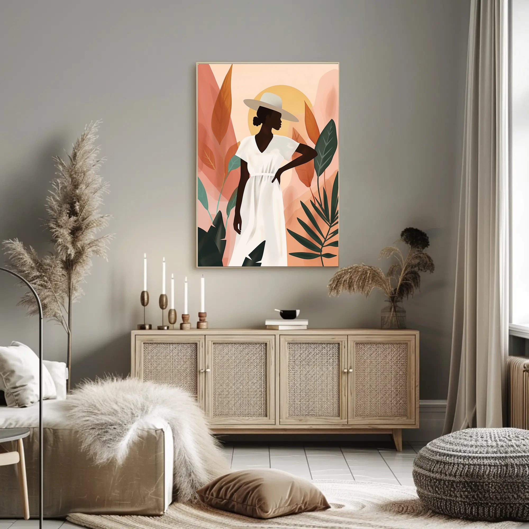 Stylish Woman in Hat with Nature Vibe Artistic Poster PosterGoat