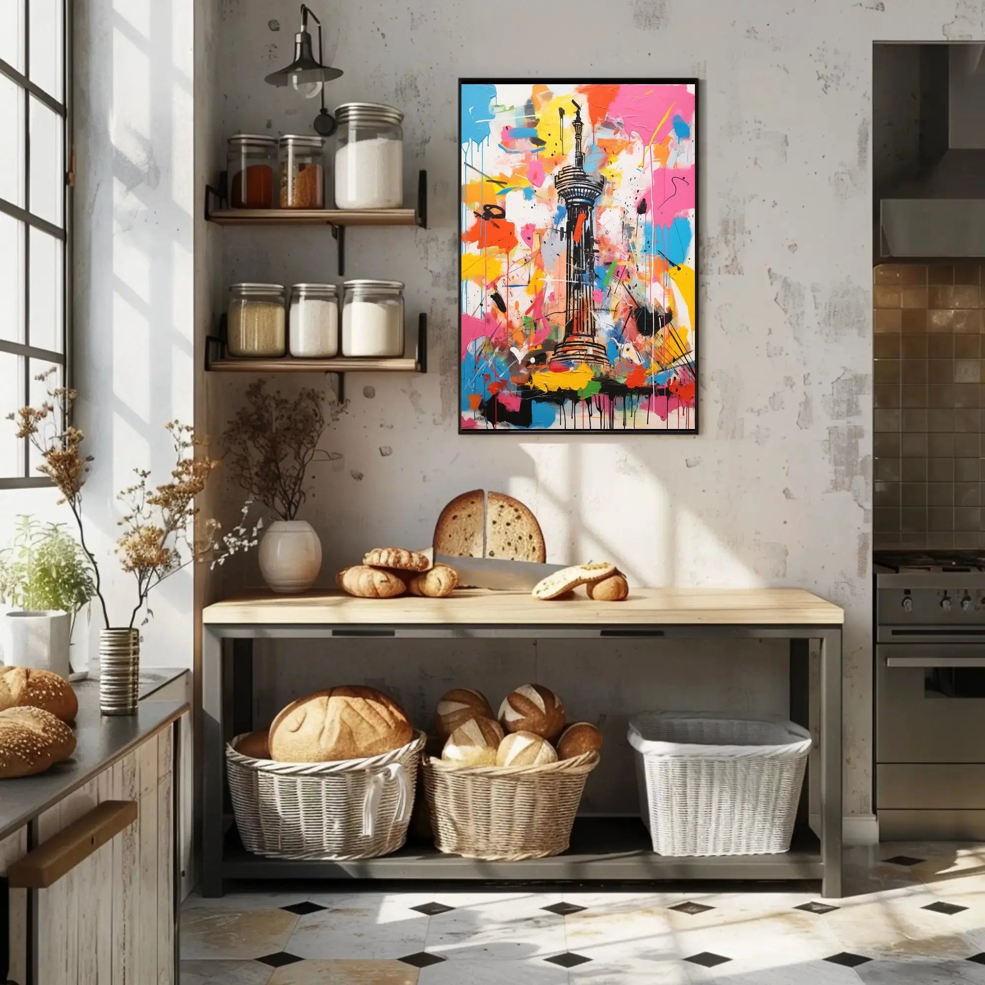 Stylized Abstract Tower with Vibrant Colors Artistic Poster PosterGoat