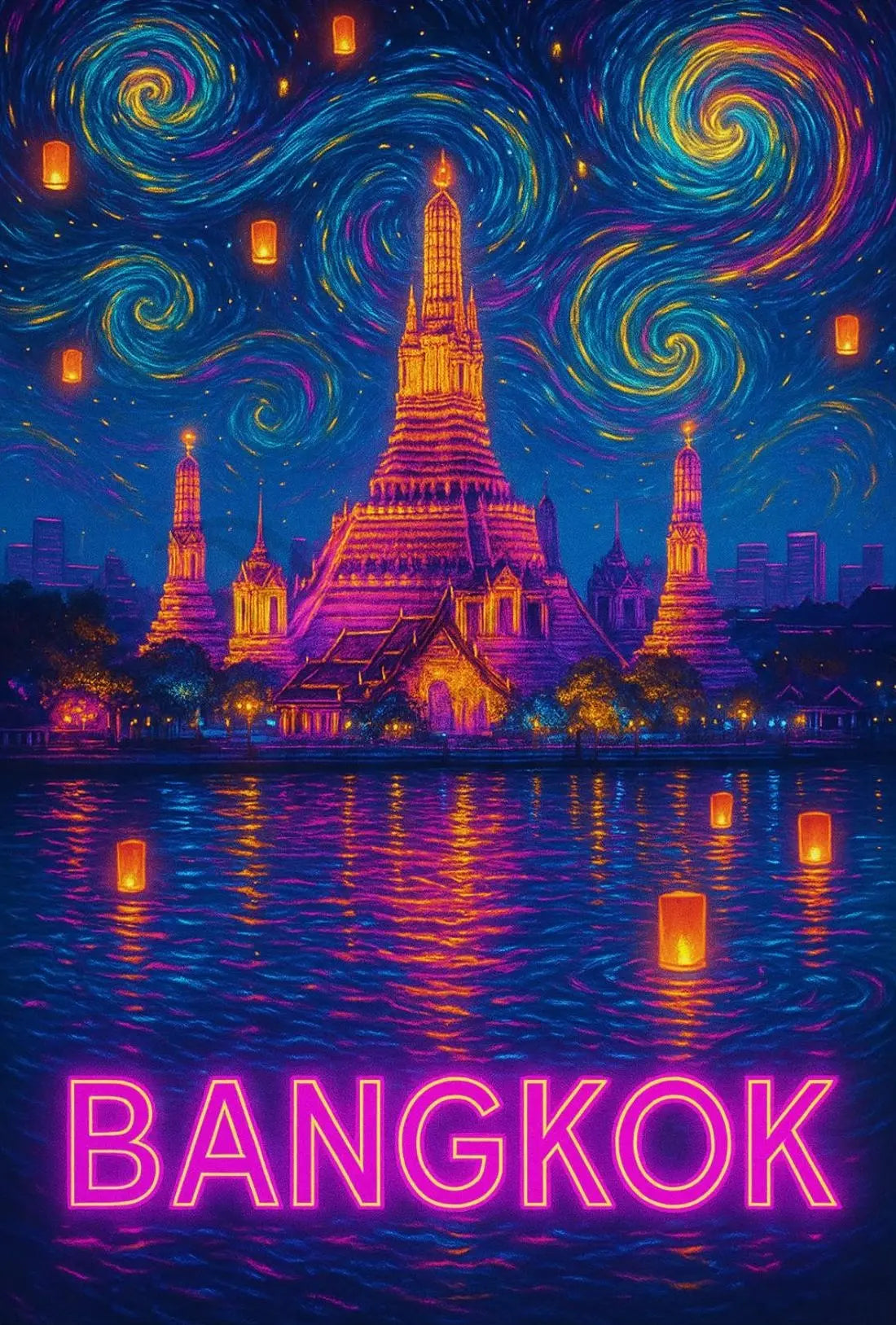 Stylized Bangkok Cityscape with Lanterns Travel Poster PosterGoat