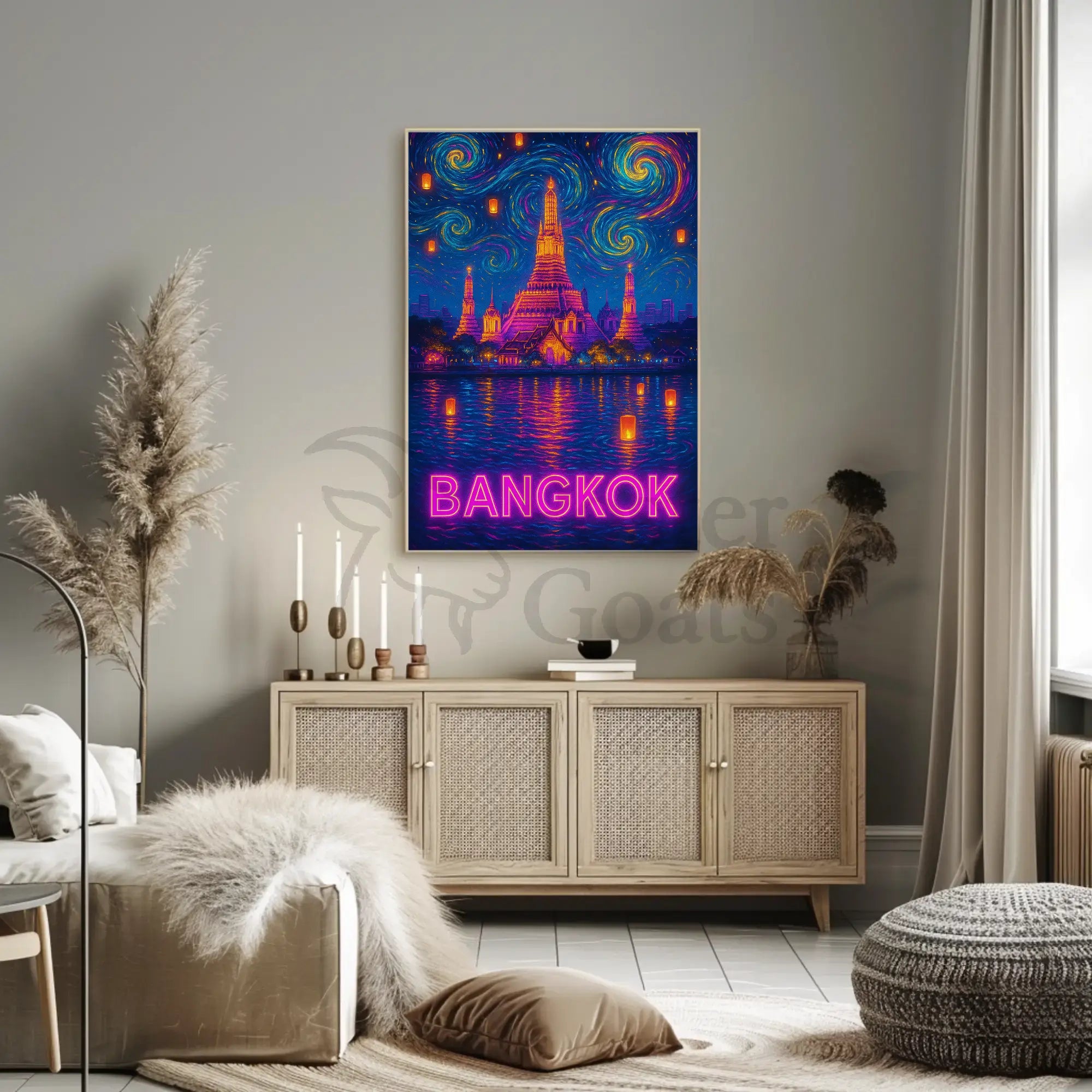 Stylized Bangkok Cityscape with Lanterns Travel Poster PosterGoat
