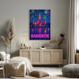 Stylized Bangkok Cityscape with Lanterns Travel Poster PosterGoat
