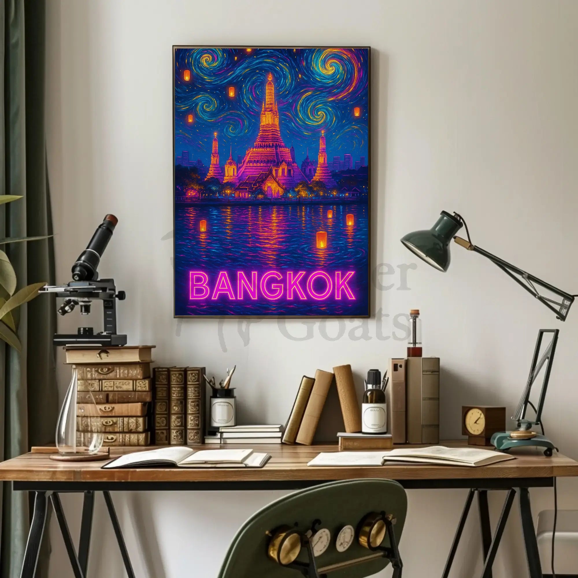 Stylized Bangkok Cityscape with Lanterns Travel Poster PosterGoat